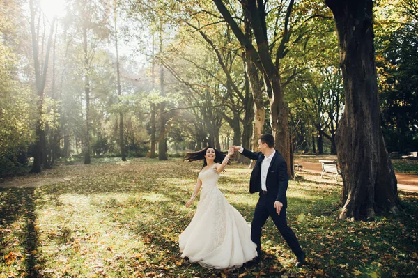 Elegáns Menyasszony Táncolt Vőlegény Green Park — Stock Fotó