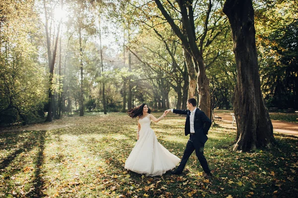 Elegantní Nevěsta Ženichem Zeleném Parku — Stock fotografie