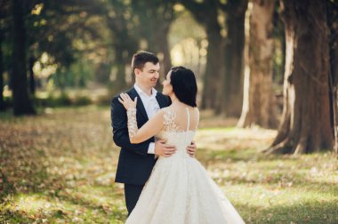 Neşeli gelin ve damat güneşli yeşil park ac poz