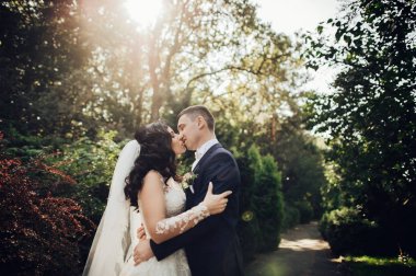 Neşeli gelin ve damat güneşli yeşil park ac poz