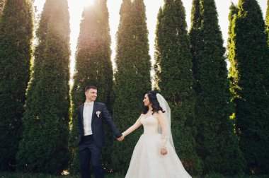 Neşeli gelin ve damat güneşli yeşil park ac poz