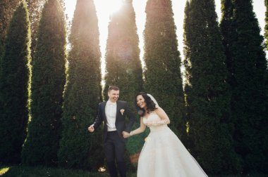 Neşeli gelin ve damat güneşli yeşil park ac poz