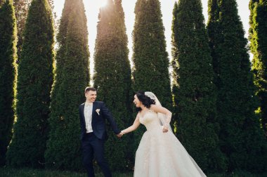 Neşeli gelin ve damat güneşli yeşil park ac poz