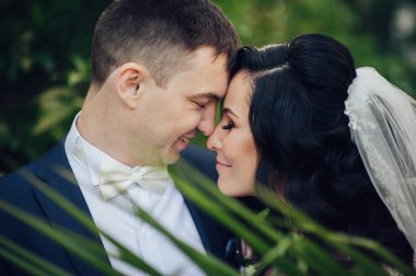 Neşeli gelin ve damat güneşli yeşil park ac poz