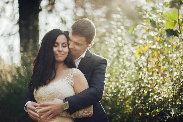 Allegro Sposa Sposo Posa Soleggiato Parco Verde — Foto Stock