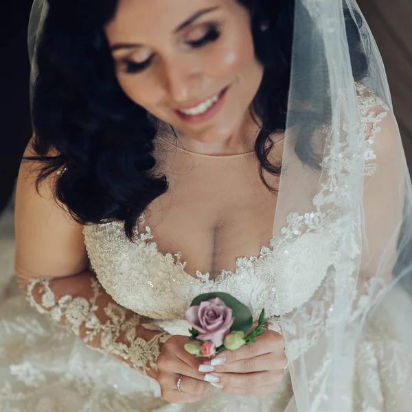 Portrait Happy Bride Elegant Wedding Dress — Stok Foto