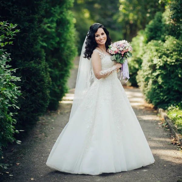 Portrait Happy Bride Elegant Wedding Dress — Stok Foto