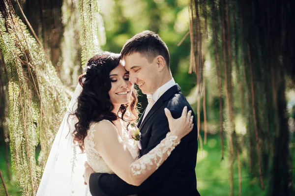 Leende Lycklig Brud Och Brudgum Poserar Green Spring Park — Stockfoto