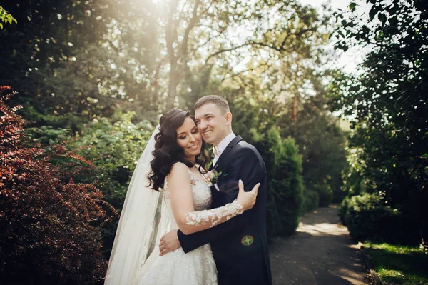 Cheerful Bride Groom Posing Sunny Green Park Royalty Free Stock Images