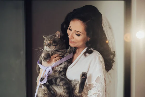 Portrait Happy Bride Holding Grey Cat Stock Image