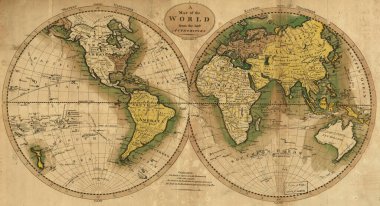 Western and Eastern Hemisphere old map. Vintage world map with continents and islands. Geographic retro world map. clipart