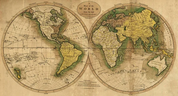 Ancienne carte de l'hémisphère occidental et oriental. Carte du monde vintage avec continents et îles. Carte géographique du monde rétro . — Photo