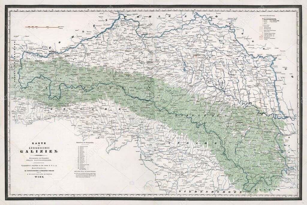 Old map of Galicia, Ukraine, Poland. Vintage world map with continents and islands. Geographic retro world map.