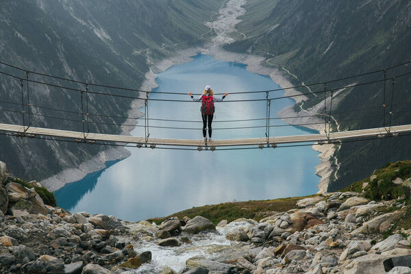 Girl Traveler Backpack Mountains Young Girl Stands Suspension Bridge Background Stock Image