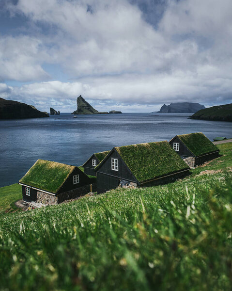 Black Wooden Houses Green Grass Roof Houses Ocean Overlooking Cliffs Royalty Free Stock Images
