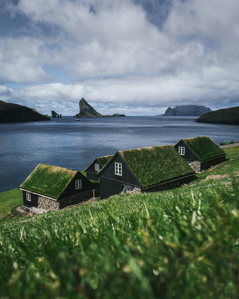 Black Wooden Houses Green Grass Roof Houses Ocean Overlooking Cliffs Royalty Free Stock Images