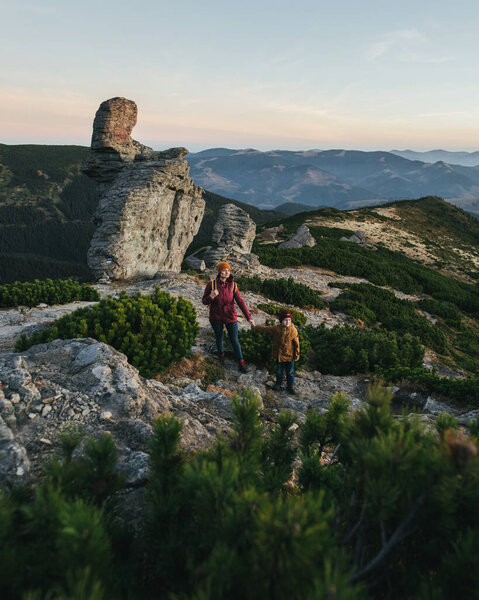 Family Travelers Backpacks Mountains Mom Son Actively Traveling Beautiful Morning Stock Picture