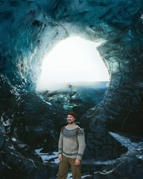 Traveler Backpack Ice Cave Man Standing Glacier Vatnajokull Iceland Epic Stock Photo