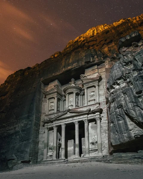 Pemandangan Terbaik Dari Kuil Utama Khazneh Petra Yordania Malam Petra — Stok Foto