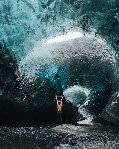 Traveler Ice Cave Iceland Climber Ice Axe Vatnajokull Glacier Epic Stock Photo