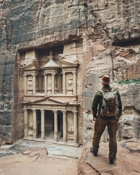 Traveler Hat Backpack Looks Khazneh Petra Indiana Jones Treasury Petra Stock Picture