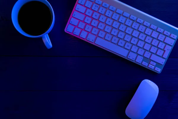 Cup Coffee Laptop Keyboard Wooden Office Desk Table Night Lights — Stock Photo, Image