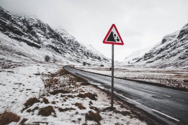 Open road winter snow mountain landscape in Glencoe Scotland clipart