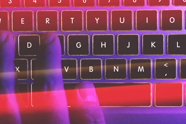 Man Typing Laptop Computer Keyboard Night Online Cyber Crime Hacker — Stock Photo, Image