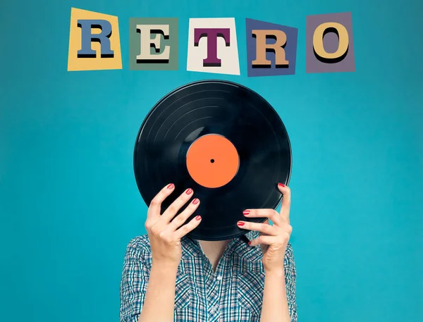 Convite Para Festa Retro Foto Retrô Mulher Com Registro Vinil — Fotografia de Stock