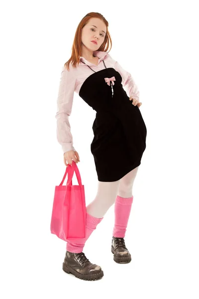 Geek Κορίτσι Έφηβος Πολύχρωμα Ρούχα Και Ροζ Τσάντα Ψάχνετε Στην — Φωτογραφία Αρχείου