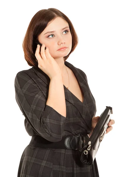 Bild Einer Geschäftsfrau Kleid Mit Tasche Und Telefonanruf Isoliert Auf — Stockfoto