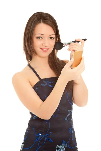 Foto Mujer Hermosa Haciendo Maquillaje Con Cepillo Aislado Blanco —  Fotos de Stock