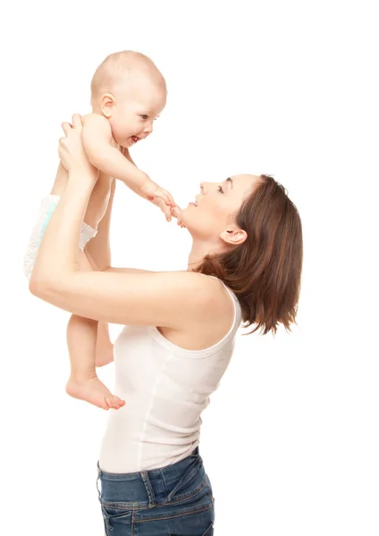 Bild Glada Mor Med Bedårande Söt Baby Isolerade Vit — Stockfoto