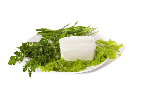 Plate White Feta Cheese Parsley Lettuce Onion Isolated White — Stock Photo, Image