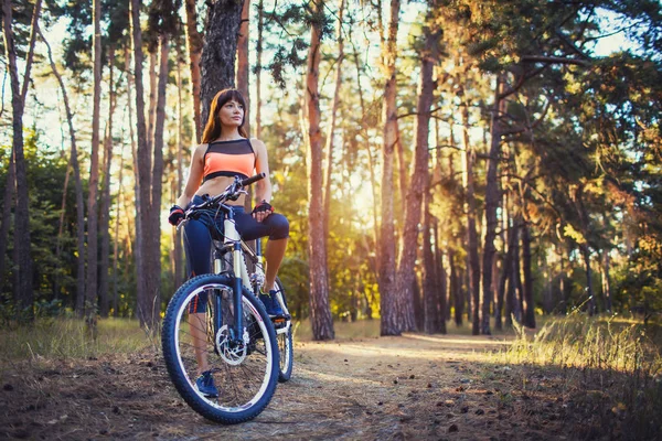 Bonito Mulher Ciclista Bicicleta Montanha Trilha Floresta Pinheiro — Fotografia de Stock
