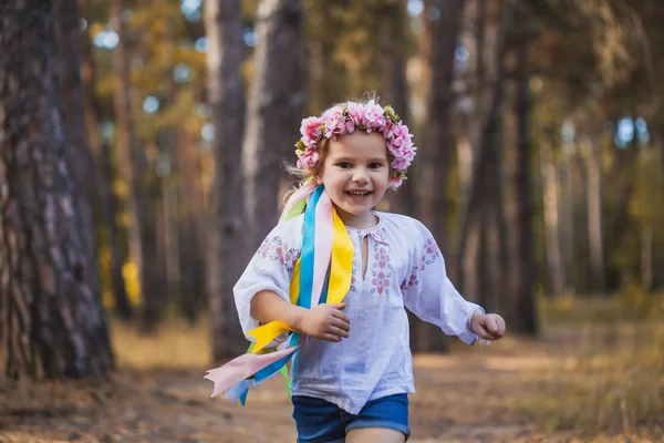 Little Girl Wreath Ribbons Running Happily Summer Forest Ukrainian National — Stock Photo, Image