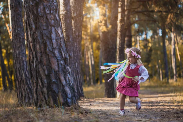 Дівчинка Вінок Стрічками Щасливо Працює Через Аппликатура Українських Національних Костюмах — стокове фото