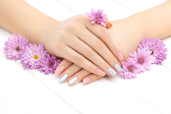 Piękny Różowy Manicure Kwiatów Chryzantemy Spa — Zdjęcie stockowe