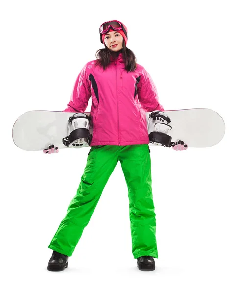 Belle Femme Avec Snowboard Studio Sur Fond Isolé — Photo