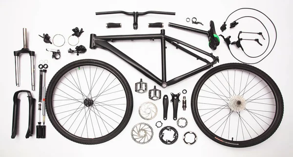 Top View Still Life Bicycle Parts Equipment White Background — Stock Photo, Image