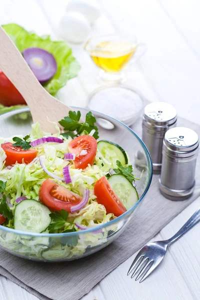 Fresh Spring Salad Vegetables White Wooden Table Morning Breakfast — Stock Photo, Image