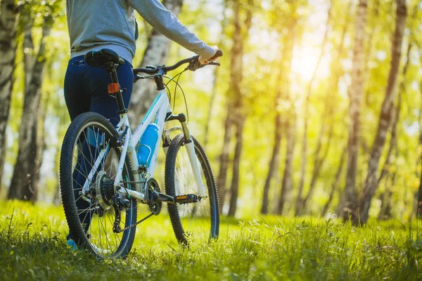 Blick Auf Radfahrer Die Morgens Wald Mountainbike Fahren — Stockfoto