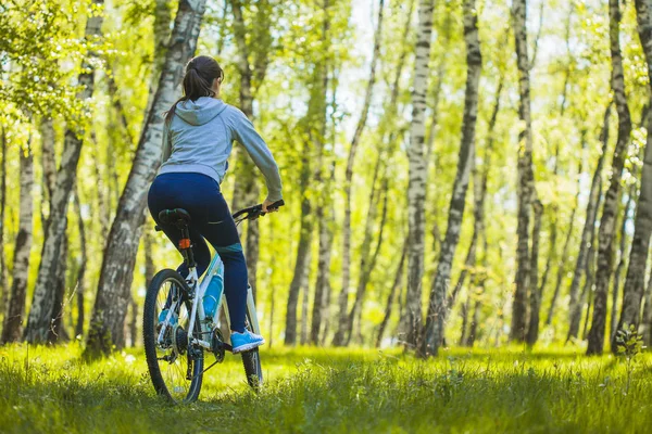 可爱的女子自行车自行车山地自行车上的桦树森林小道 — 图库照片