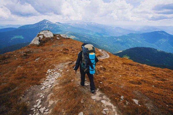 Ein Tourist Wandert Auf Einem Gewundenen Bergpfad Sommer Wandern Den — Stockfoto