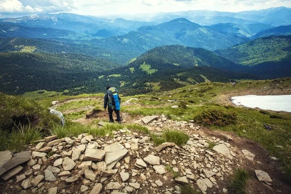 Turist Promenader Längs Slingrande Skogsstig Sommaren Vandrar Bergen — Stockfoto