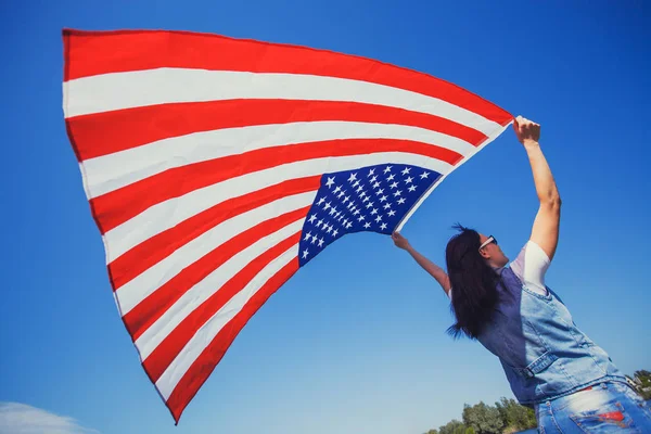 Happy Smiling Young Woman National American Flag Blue Sky Independence — Stock Photo, Image