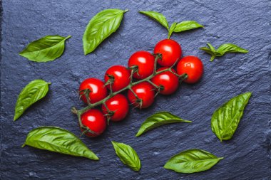 Bir siyah taze kiraz domates fesleğen ile yönetim kurulu arka plan kayrak. Kopya alanı ile Üstten Görünüm.