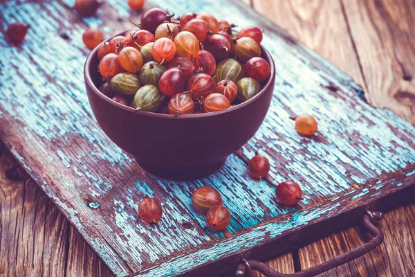 Old Turquoise Wooden Tray Gooseberry Table Wooden Background — Stock Photo, Image