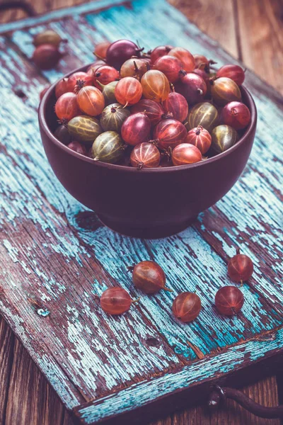 Old Turquoise Wooden Tray Gooseberry Table Wooden Background — Stock Photo, Image