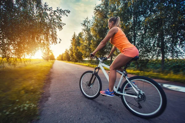 Mulher Bonito Ciclista Bicicleta Montanha Estrada Pitoresca — Fotografia de Stock